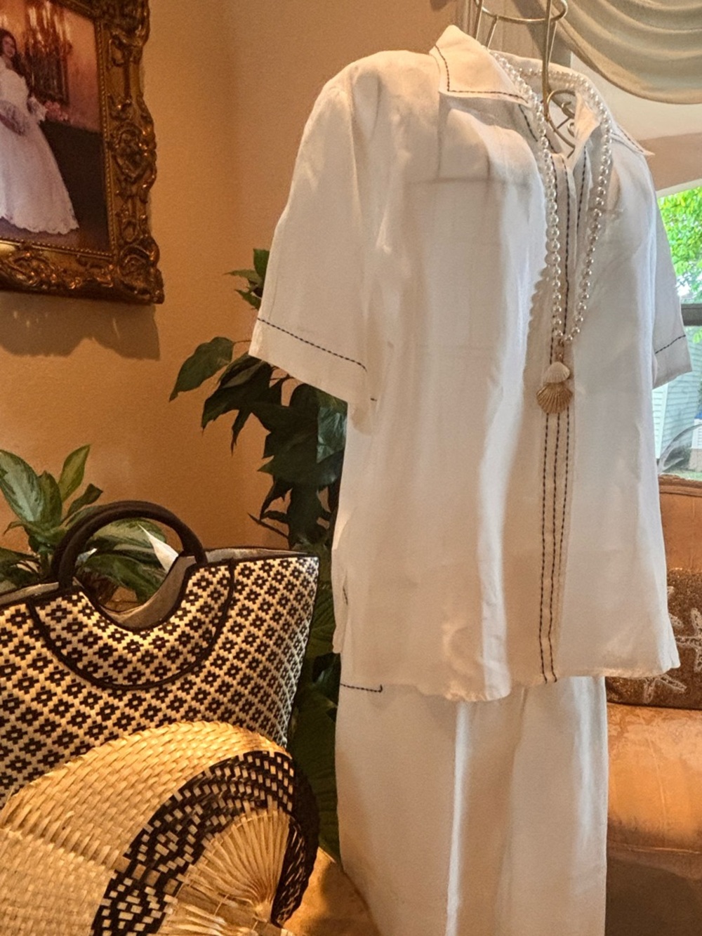 Giorgiana by Naji Linen Set XL White Resort Coastal Wide Leg Outfit - Picture 4 of 12